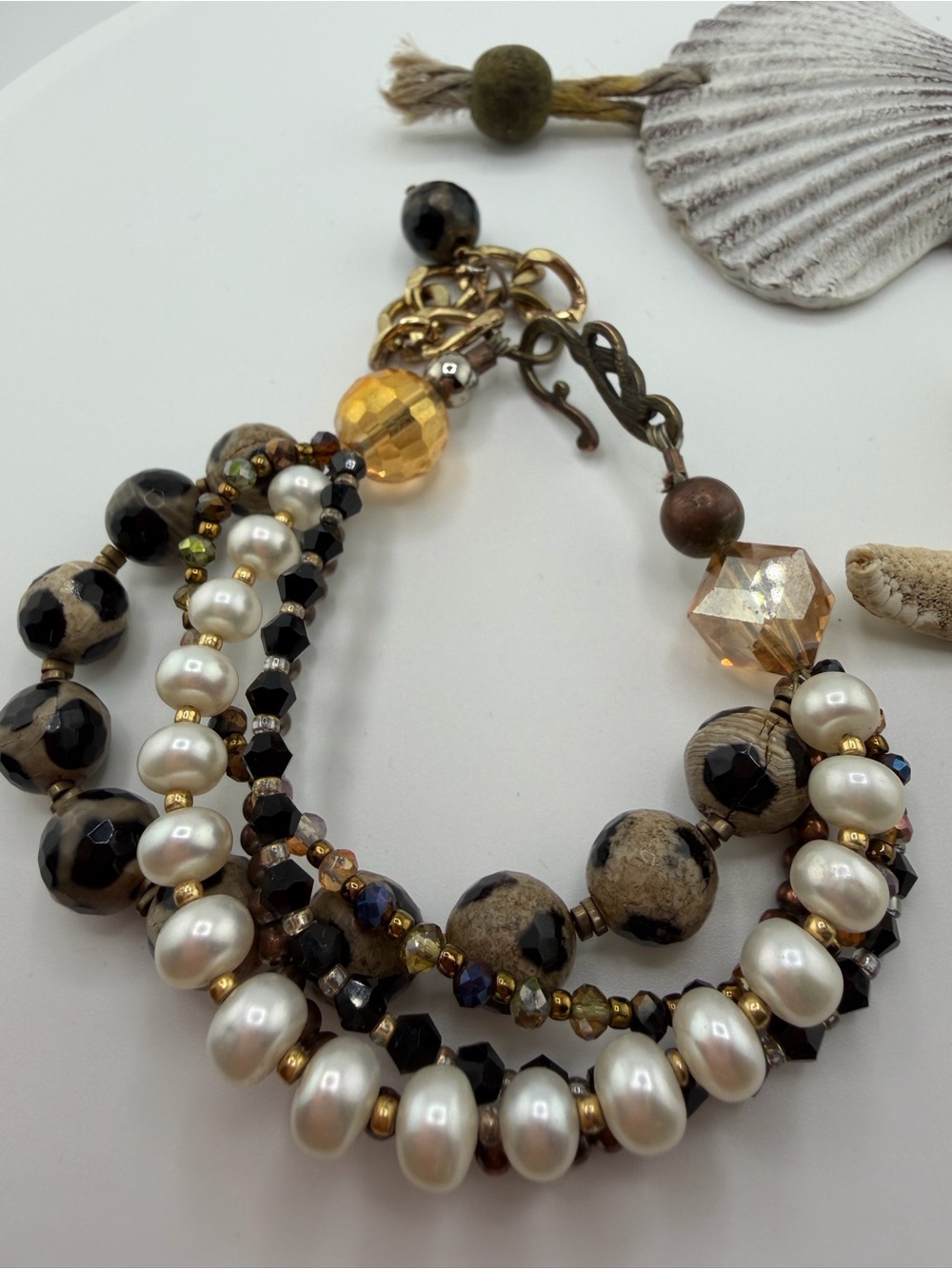 Multi-Strand Pearl and Bead Bracelet in Cream, Black & Gold for Bigger Wrists 💋